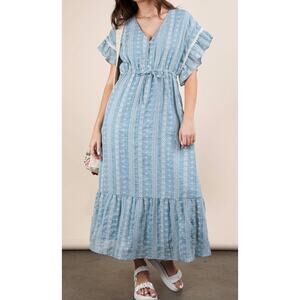 New'Me NWT small blue boho dress prairie cottagecore eyelet lace Midi flutter
